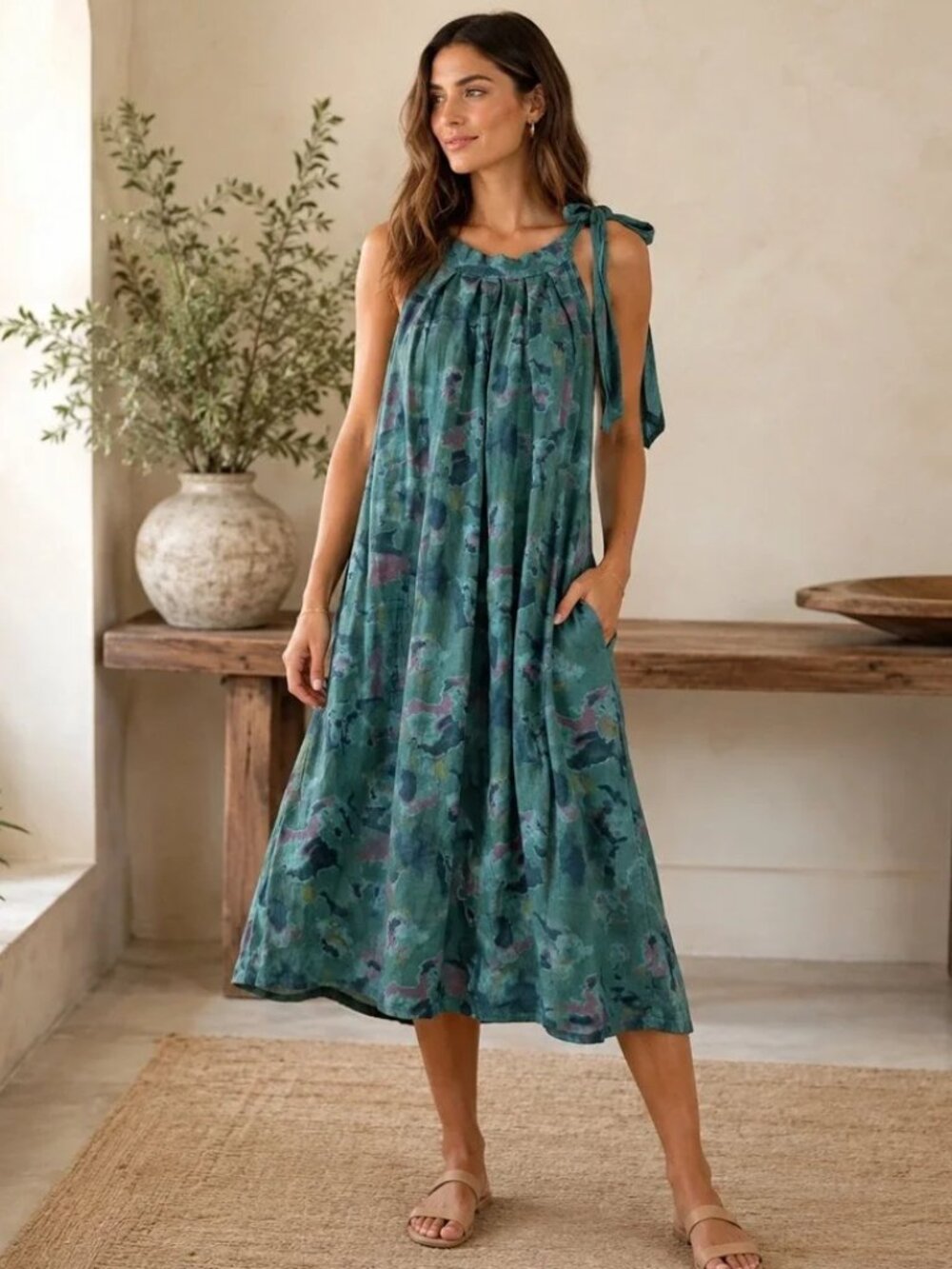 384. Boho Green Tropical Abstract Floral 100% Linen Tie Shoulder Shift Dress